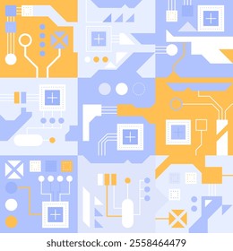 Circuit board technology background. AI semiconductor and computer processor. Abstract polygonal microchip. High-tech circuit board connection system concept. Vector abstract technology illustration.