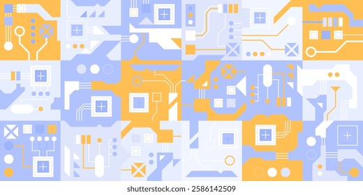 Circuit board technology background. AI semiconductor and computer processor. Abstract polygonal microchip. High-tech circuit board connection system concept. Vector abstract technology illustration.