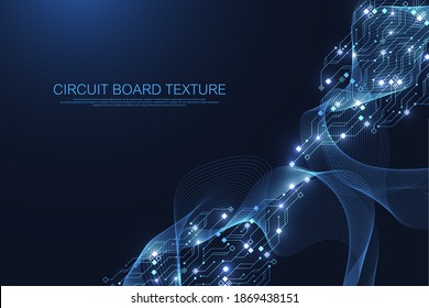 Circuit Board Technology Background With Hi-tech Digital Data Connection System. Abstract Computer Electronic Desing Background. Motherboard Hi-tech, Science, Futuristic Technology Vector Illustration