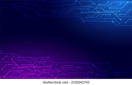 fondo de la tecnología de la tarjeta de circuitos. banner de luz morada y azul.concepto de sistema electrónico.