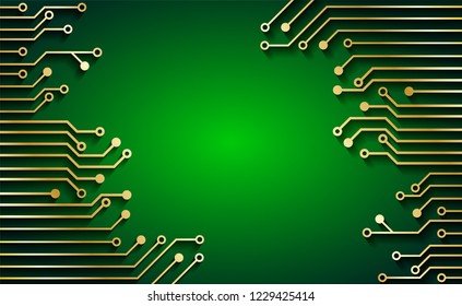 Circuit Board Technology Concept  Background.  Gold circuit board . green background . light and shadow .vector ,Illustration.