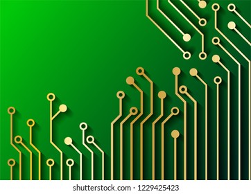 Circuit Board Technology Concept  Background.  Gold circuit board . green background . light and shadow .vector ,Illustration.