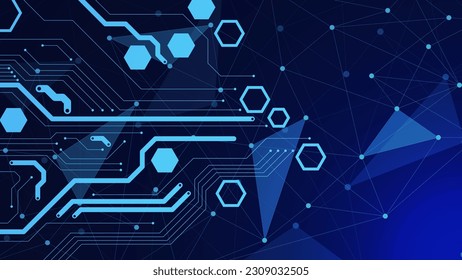 Circuit board technology with connecting dots lines. Digital big data visualization and global communication technology concept background. Vector illustration.