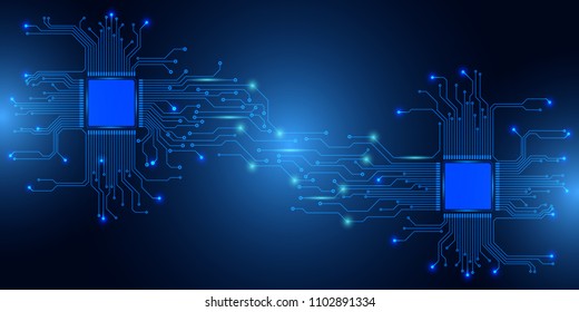 Circuit Board Technology CPU Microprocessor Interface Connection Vector Background. Blue Abstract Scifi PCB Trace Data Transfer Design Illustration.