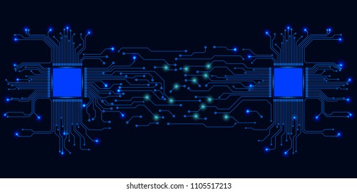 Circuit Board Technology CPU Microprocessor Interface Connection Vector Background. Blue Abstract Scifi PCB Trace Data Transfer Design Illustration.