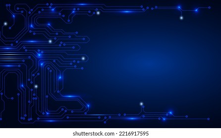 Circuit Board Technology Cyber Space Concept Vector Background. Abstract Futuristic Dark Blue Scifi PCB Line Illustration.