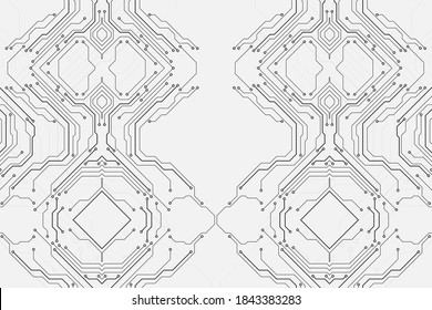 Circuit Board Technology Electronic Scheme Pattern Abstract Background. PCB Trace Black And White Engineering Data Communication Concept Vector.