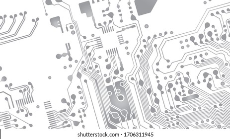 Circuit Board Technology Grayscale Color Infographic Vector Background. Abstract Modern PCB Trace Data Transfer Design Illustration.