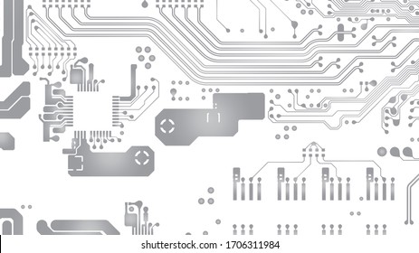 Circuit Board Technology Grayscale Color Infographic Vector Background. Abstract Modern PCB Trace Data Transfer Design Illustration.