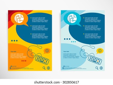 Circuit board, technology icon on chat speech bubbles. Modern flyer, brochure vector template.