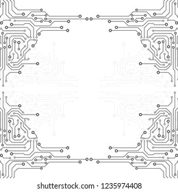 Circuit Board Technology Information Pattern Concept Vector Background. Grayscale Color Abstract PCB Trace Data Infographic Design Illustration.