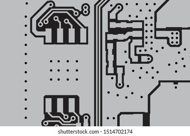 Circuit Board Technology Information Pattern Concept Vector Background. Grayscale Color Abstract PCB Trace Data Infographic Design Illustration.