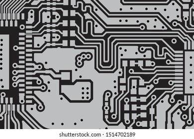 Circuit Board Technology Information Pattern Concept Vector Background. Grayscale Color Abstract PCB Trace Data Infographic Design Illustration.