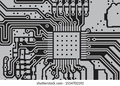 Circuit Board Technology Information Pattern Concept Vector Background. Grayscale Color Abstract PCB Trace Data Infographic Design Illustration.