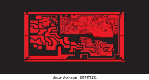 Circuit Board Technology Information Pattern Concept Vector Background. Red Colour Abstract PCB Trace Data Infographic Design Illustration.