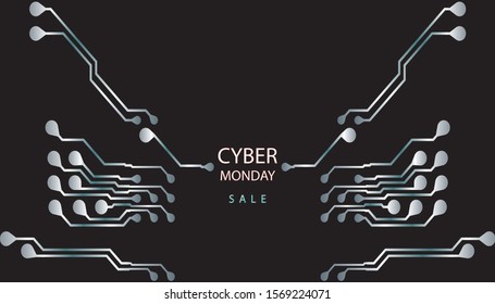 Circuit Board Technology Information Pattern Concept Vector Background. Modern Color Abstract PCB Trace Data Infographic Design Illustration, with text cyber monday and sale.