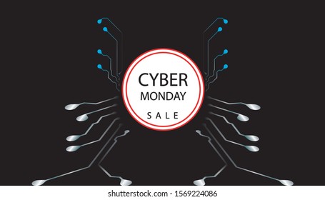 Circuit Board Technology Information Pattern Concept Vector Background. Modern Color Abstract PCB Trace Data Infographic Design Illustration, with text cyber monday and sale.