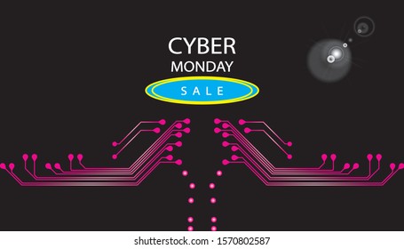 Circuit Board Technology Information Pattern Concept Vector Background. Modern Color Abstract PCB Trace Data Infographic Design Illustration, with text cyber monday and sale.