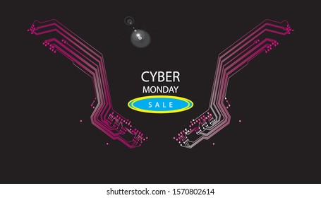 Circuit Board Technology Information Pattern Concept Vector Background. Modern Color Abstract PCB Trace Data Infographic Design Illustration, with text cyber monday and sale.