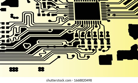Hintergrund für die Vektorillustration von Leiterplatten-Technologie - Informationsmuster für das Konzept. schwarz-farbige abstrakte PCB-Trace-Daten auf gelbem Hintergrund.