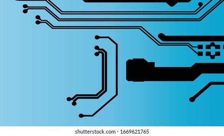 Fondo del Vector de Concepto de Patrón de Información de la Tecnología de la Junta de Circuito. Datos de seguimiento de PCB en color negro abstracto sobre fondo azul.