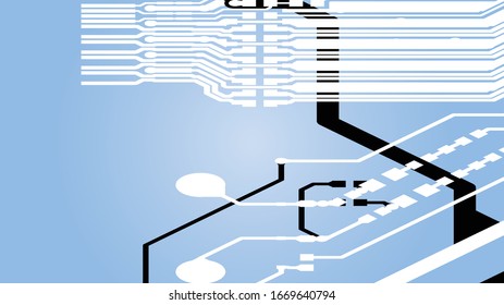 Circuit Board Technology Information Pattern Concept Vector Background. Black and white Colour Abstract PCB Trace Data on blue background.