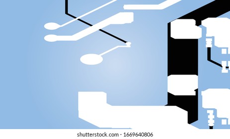 Circuit Board Technology Information Pattern Concept Vector Background. Black and white Colour Abstract PCB Trace Data on blue background.