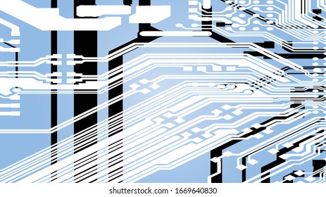 Circuit Board Technology Information Pattern Concept Vector Background. Black and white Colour Abstract PCB Trace Data on blue background.