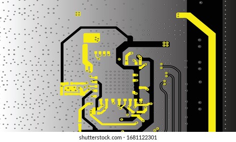 Circuit Board Technology Information Pattern Concept Vector Background. Yellow and Black Colour Abstract PCB Trace Data. eps10