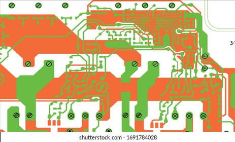 Circuit Board Technology Information Pattern Concept Vector Background. Green and Orange Colour Abstract PCB Trace Data. eps10