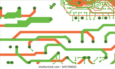 Circuit Board Technology Information Pattern Concept Vector Background. Green and Orange Colour Abstract PCB Trace Data. eps10