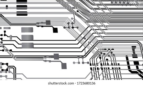 Circuit Board Technology Information Pattern Concept Vector Background. Black and Grey Colour Abstract PCB Trace Data on white background.