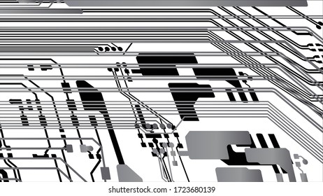 Fondo del Vector de Concepto de Patrón de Información de la Tecnología de la Junta de Circuito. Datos de seguimiento de PCB en color negro y gris sobre fondo blanco.