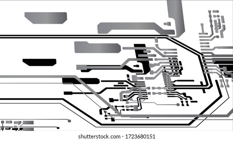 Circuit Board Technology Information Pattern Concept Vector Background. Black and Grey Colour Abstract PCB Trace Data on white background.