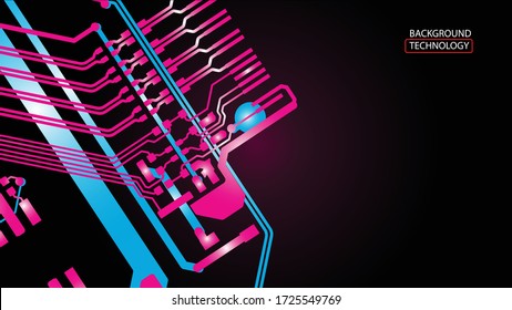 Circuit Board Technology Information Pattern Concept Vector Background. Red and blue Colour Abstract PCB Trace Data on blue background.