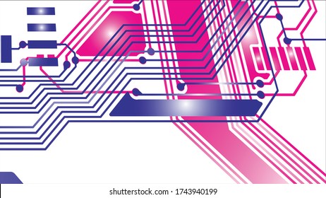 Circuit Board Technology Information Pattern Concept Vector Background. Red and blue Colour Abstract PCB Trace Data on White background.