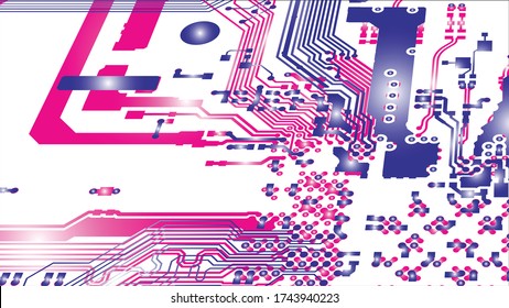 Circuit Board Technology Information Pattern Concept Vector Background. Red and blue Colour Abstract PCB Trace Data on White background.