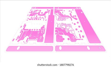 Circuit Board Technology Information Pattern Concept Vector Background. Pink Colour Abstract PCB Trace Data on white background.