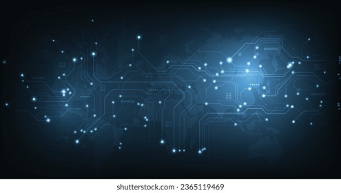 Tecnología de tablero de circuitos en un fondo azul oscuro. Ilustración de tecnología abstracta vectora Tarjeta de circuito en fondo azul oscuro.Concepto de sistema de conexión de placa de circuito de alta tecnología.