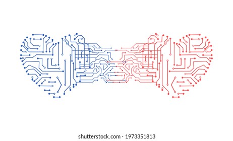 Circuit board technology pattern Hearts are connected isolated on the background. Vector.
