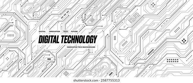 Circuit board technology white background. Abstract circuit wires on tech bg. AI digital digital concept. Digital banner with semiconductor elements. Black and white Vector illustration