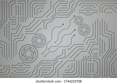 Plantilla de placa de circuito con engranajes y flechas. El concepto de comunicaciones innovadoras de alta tecnología. Tecnología digital e ingeniería.
