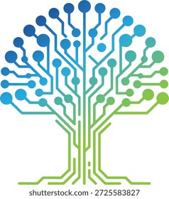 Árbol de la placa de circuito con las conexiones azules y verdes del gradiente y los nodos en el fondo blanco para los conceptos de la tecnología y de la innovación