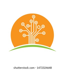 circuit board tree with huge orange sun in behind, vector logo icon 