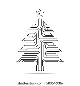 Circuit board tree icon. Abstract line tree silhouette isolated. Vector illustration. Crown of tree made of electronic paths.