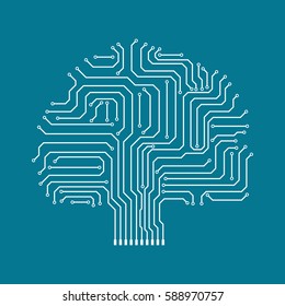 Circuit board tree icon. Abstract line tree silhouette isolated. Vector illustration. Crown of tree made of electronic paths.