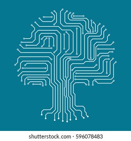Circuit board tree icon. Abstract line tree silhouette isolated. Vector illustration. Crown of tree made of electronic paths.