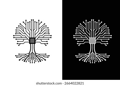 Logotipo del árbol del Tablero del circuito, circuito eléctrico digital, árbol de la tecnología, árbol con la rama del circuito