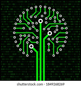 Árbol de la placa del circuito.
Árbol de placa de circuito en un fondo de código binario digital. Ilustración vectorial.