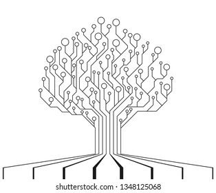 Circuit Board Tree. Technology CPU, Microprocessor Interface. The combination of life and technology. Isolated illustration. PCB electronic tree. Vector illustration